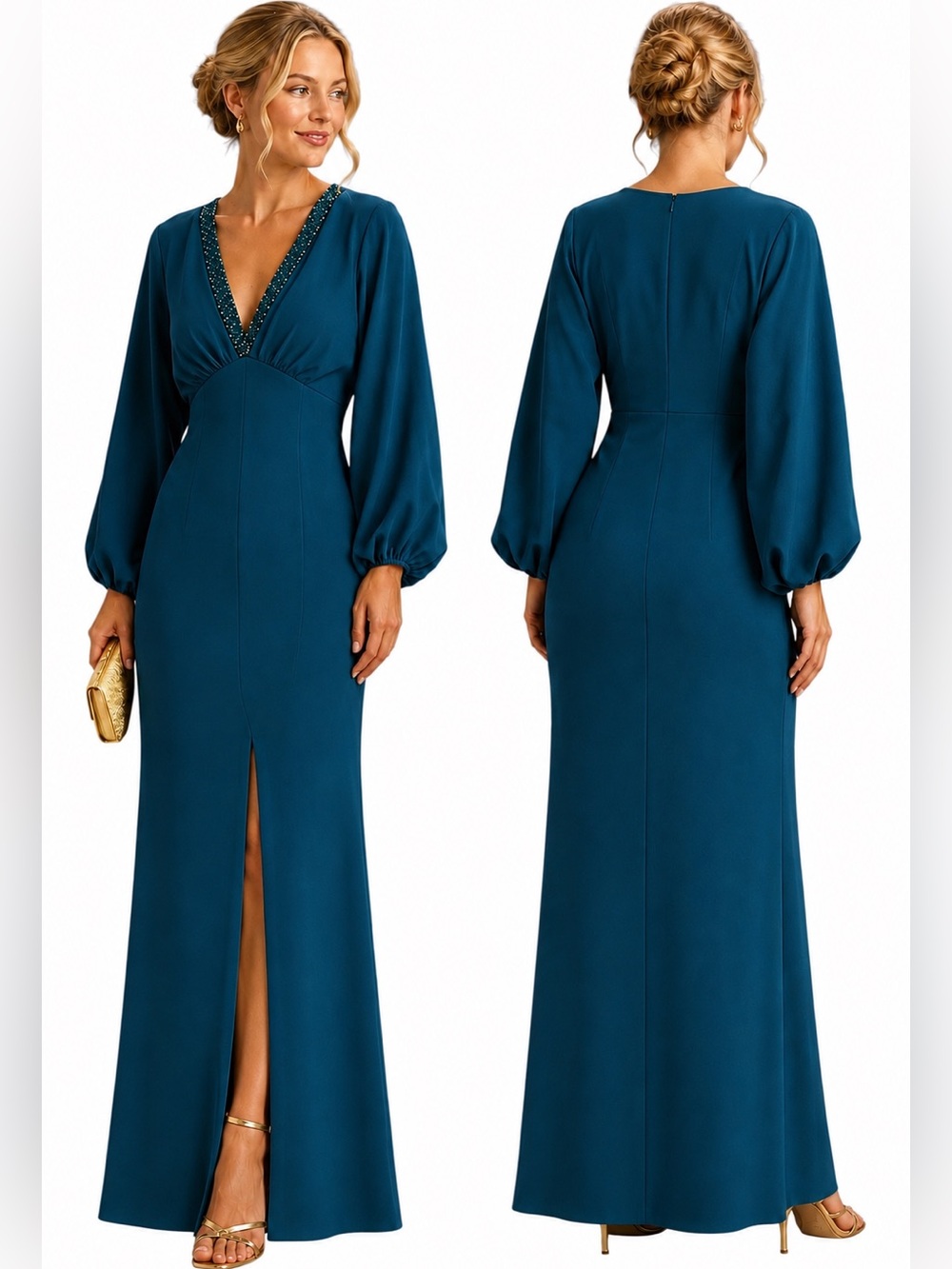 Sachin & Babi Blue Formal Gown Size 2 Teal Long Sleeve V-Neck Beaded Maxi Dress